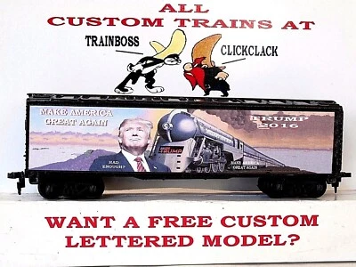 HO SCALE CUSTOM LETTERED 🎩🎩 TRUMP THE TRUMP TRAIN REEFER  ALSO AVAIL IN O 🎩 - Image 1 of 4