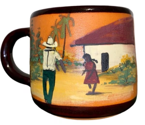Pottery Terra Cotta Red Clay Small Mug Hand Painted Villagers - Picture 1 of 6