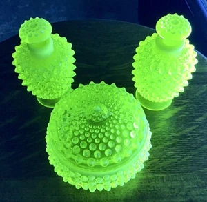 Vintage Fenton art glass yellow topaz hobnail powder jar and perfume bottles - Picture 1 of 5