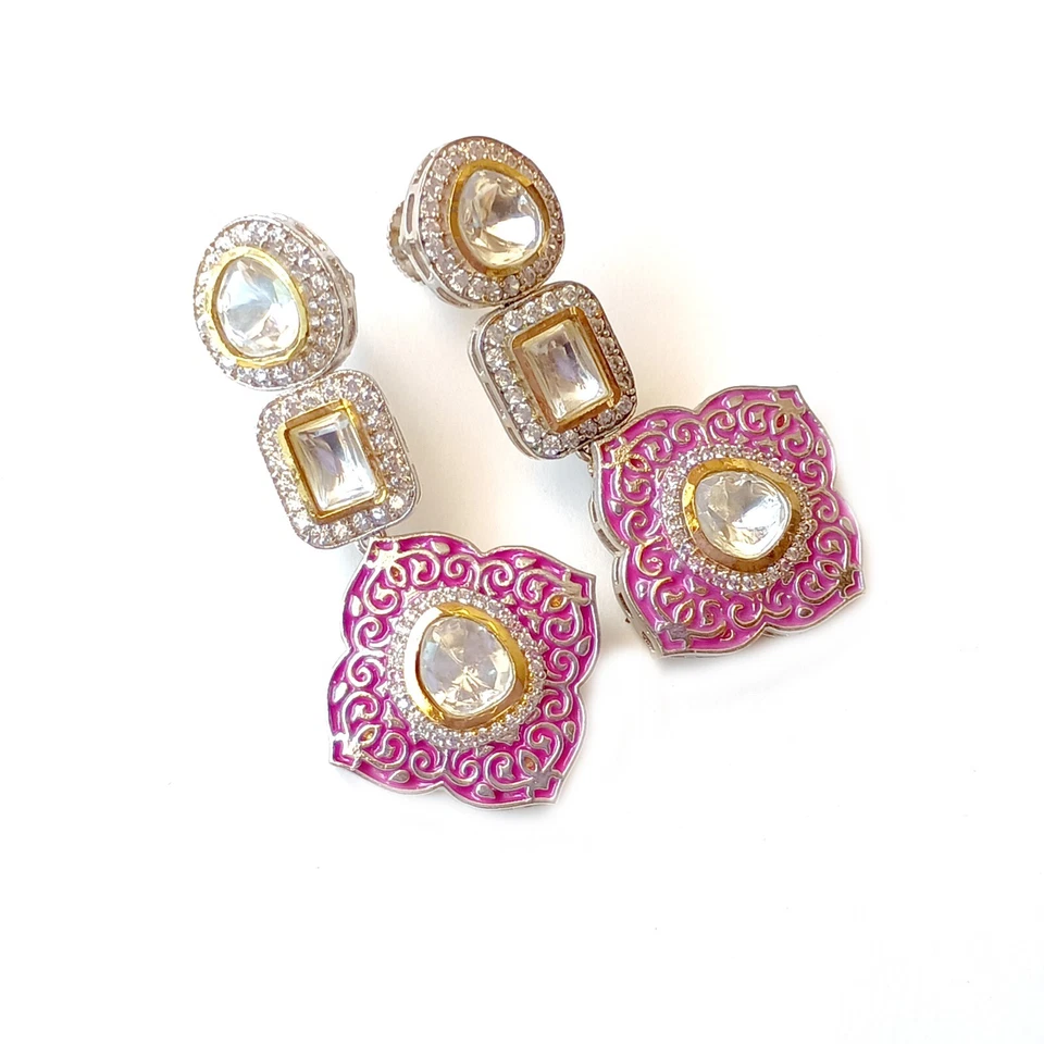 Pendientes Kundan Polki indios, chapados en oro con esmalte rosa, diseñador artesanal Foto 1 de 4