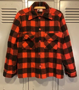 VTG 60s Red Plaid Wool Shirt Jacket Buffalo Checkered Distressed Hunt Winter Med - Picture 1 of 9
