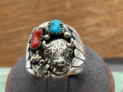 Винтажное кольцо навахо с надписью из стерлингового бирюзового коралла с буйволом размер 9,25–1105,25 - Изображение 1 из 4