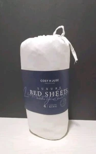 Cosy House Luxury Bamboo WHITE KING Sheet Set Hypoallergenic Corner Straps - Picture 1 of 4