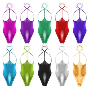 Women's Nightwear Metallic Leotard Shiny Bodysuit Open Breast Sleepwear Halter - Picture 1 of 135