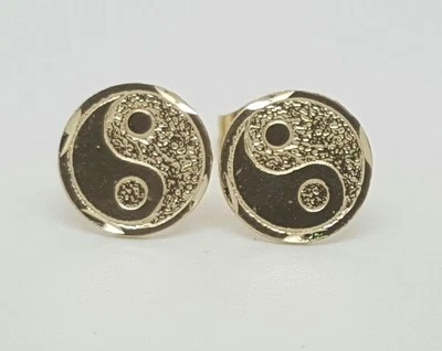 14k Solid Yellow Gold Yin Yang Stud Earrings Push Back 8MM - Image 1 of 4