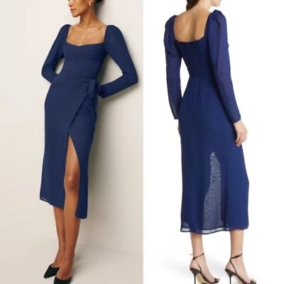 NUEVO CON ETIQUETAS REFORMATION Vestido Midi Azul Marino Theo Wrap Sweetheart Manga Larga Abullonada Talla 2 Foto 1 de 4