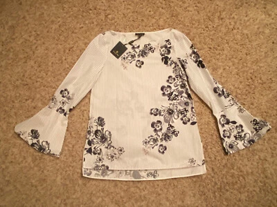 Massimo Dutti 白色条纹花卉衬衫喇叭袖,尺寸 US 4/EUR 36 全新带标签 — 第 1/4 张图片