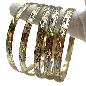 Lot of 5 Vintage Tri-Color Gold Tone Etched Bangle Bracelets – Unmarked 8.5” - Picture 1 of 6