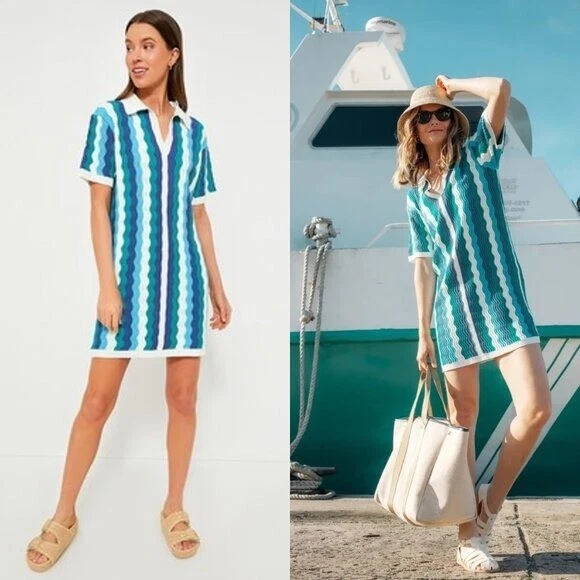 NUEVO Mini Vestido Tejido Costero Azul Blanco Azul Sammie Ondulado Aqua House Talla XL Foto 1 de 4