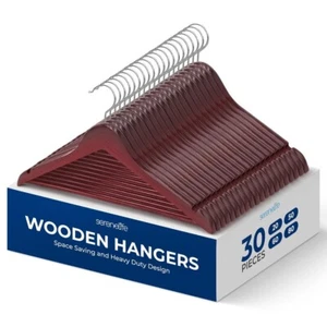 SereneLife 30 Pcs Wooden Hangers - Non-Slip, Sturdy w/ Chrome 360° Swivel Hook - Picture 1 of 7