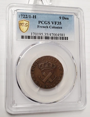 1722/1 French Colonies 9 Deniers Rare Colonial Coin PCGS CERTIFIED Vf35 Cover