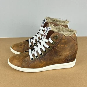 Superdry Leather Wedge Sneakers Womens 7 Brown Faux Fur Lined Lace Up - Picture 1 of 12
