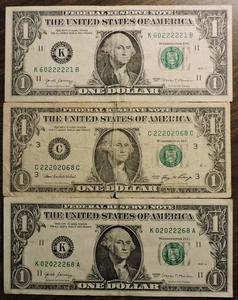 3 $1 Federal Reserve Notes, 2006 & 2017, lots of 2's in Serial numbers - Picture 1 of 2