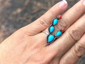 Navajo Türkis Koralle Kaktus Ring Handarbeit Indianer Am Schmuck Größe 9,25 US - Bild 1 von 9