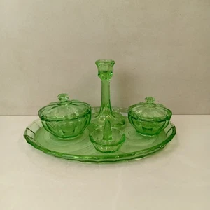 Bagley Vintage Art Deco Uranium Glass Dressing Table Vanity Set - Foto 1 di 6