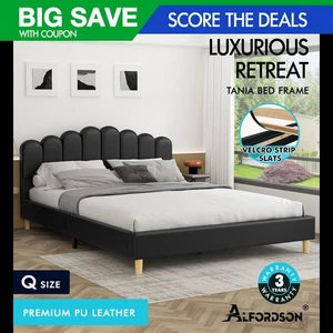 ALFORDSON Bed Frame Queen Size Upholstered Platform Base Leather Black TANIA - Picture 1 of 12