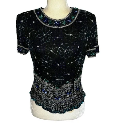Vintage Laurence Kazar Beaded Silk Top Black Sequin Party Blouse 80s 90s Small  - Image 1 of 4