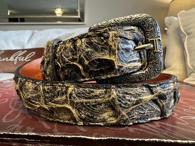 Cinturón Lucchese 36" Antiguo Tostado/Negro Genuino Estilo Pirarucu 1 1/2" EE. UU.! Foto 1 de 4