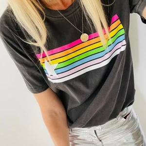 Lucy Dodwell Neon Rainbow Star Vintage Wash Boyfriend T-shirt Dark Grey Size XS - Picture 1 of 9