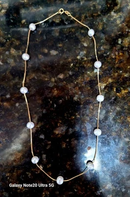 14k Y Gold Italian 6mm Pearl Station Necklace Snake Chain 16" 3.7 G Wedding - Image 1 of 4