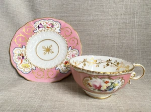 Antique c1825 Regency H&R Daniel Pink Ground Painted Floral Gilding Cup & Saucer - Picture 1 of 23