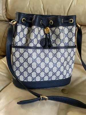 COA Vintage Gucci Drawstring Bucket Bag GG Sherry Ophidia Monogram Navy - Image 1 of 4
