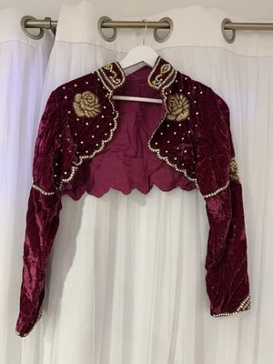 Blusa Sari Terciopelo Rojo Bordado Dorado Boda Cuentas Cortas Cristales Novia M Foto 1 de 4