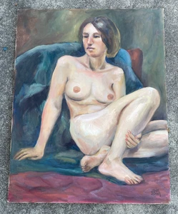 Original Oil Painting Canvas NUDE Lady Woman Portrait VTG RETRO 60'S 70'S SIGNED - Picture 1 of 24