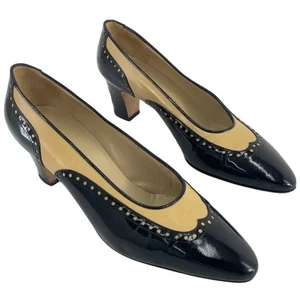 Silvia Fiorentina Vintage Black/Tan Patent Leather Wingtip Heels Women’s 6.5 - Picture 1 of 7