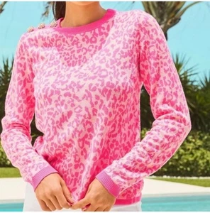 Lilly Pulitzer Morgen Jacquard Sweater Hot Pink Leopard Print Rhinestones Sz L - Picture 1 of 3