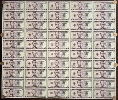 FANCY $5 Five Dollar Bills Uncut Currency Sheet of 50 Notes Leaf 2021 - $250 FV - Image 1 of 4