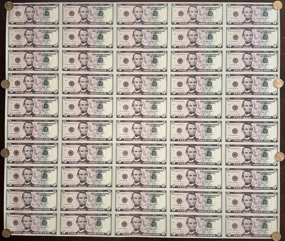 FANCY $5 Five Dollar Bills Uncut Currency Sheet of 50 Notes Leaf 2021 - $250 FV - Image 1 of 4