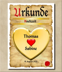 Urkunde Hochzeit Herzen Gold Rot Geschenkidee/Deko zur Hochzeitsfeier - Bild 1 von 1