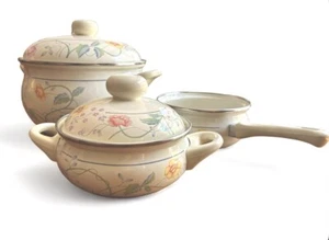 Vintage ASTA German Floral Enamelware Cookware Set With Brass Handles 5 Pieces - Picture 1 of 14