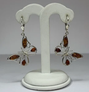 Earrings with Sterling Silver.COGNAC Amber Stone Dangle Earrings. - Picture 1 of 6