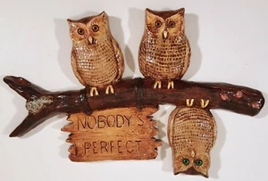 NOBODY'S PERFECTO DE COLECCIÓN BÚHOS DE TIZA 15" COLGANTE DE PARED RETRO DÉCADA DE 1970 - Imagen 1 de 5