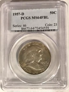 Medio dólar Franklin 1957 D 50c graduación profesional MS 64 FBL - Imagen 1 de 2