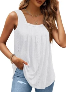Women's Summer Tank Tops 2024 Eyelet Squre Neck Pleated Sleeveless Tops White... - Picture 1 of 4