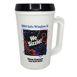 Vintage 1987 IBM Info Window II Travel Mug We Sizzle Advertising Wang Express - Picture 1 of 7
