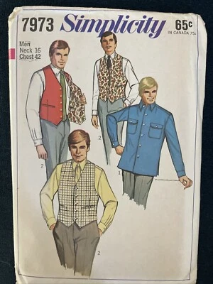 1960’s Simplicity 7973 NEW Mens Back Yoke Button Front Shirt & Revesible Vest  - Image 1 of 4