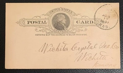 1891 US POSTAL CARD UX9 WICHITA CRYSTAL ICE COMPANY WICHITA KANSAS VF  - Image 1 of 2