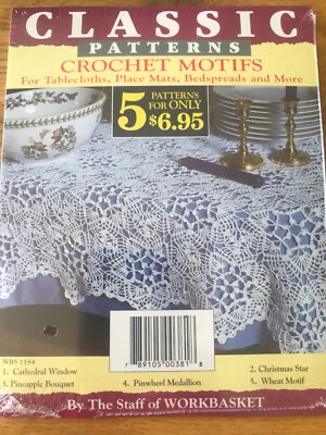 Workbasket 5 Crochet Motifs Patterns Tablecloth Beadspread Place Mat Pinwheel - Image 1 of 3