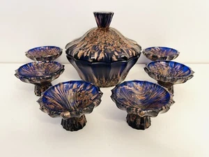 🟠 Antico Servizio serviciliegie liquore vetro di Murano BLU avventurine 1930 - Foto 1 di 6