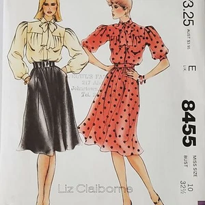 Vintage 80s McCalls Pattern 8455 Secretary Kitten Blouse Puff Sleeve Sz 10 Uncut - Picture 1 of 2