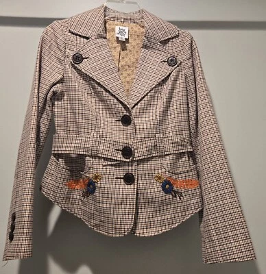 Blazer Ivy Jane para mujer pequeño bordado a cuadros signo de paz hippie bohemio Foto 1 de 4