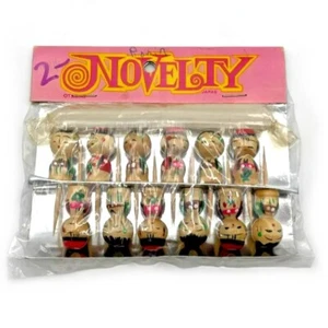 VTG Wooden Japanese Kokeshi Doll Candle Holders Cake Otagiri - NOS - Set of 12 - Picture 1 of 16