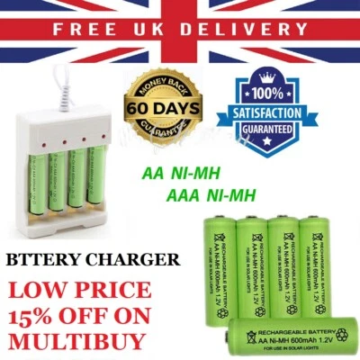 AA AAA Rechargeable Solar Light Batteries 600mAh 400mAh 300mAh NiMH 1.2v UK - Image 1 of 4