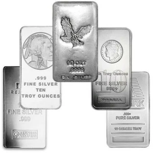 Lingotes de plata fina 0,999 de barra de plata de 10 oz - diseño aleatorio | Lote de 5 - Imagen 1 de 3
