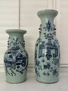 2 LARGE 19th CENTURY ANTIQUE CHINESE CELADON BLUE WHITE POTTERY VASES PORCELAIN - Picture 1 of 24