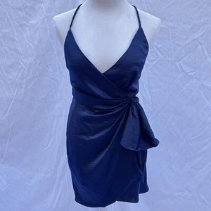Angel Biba Sleeveless Wrap Mini Dress S Navy Blue Ruched Side Tie Party Sexy NWT - Picture 1 of 9
